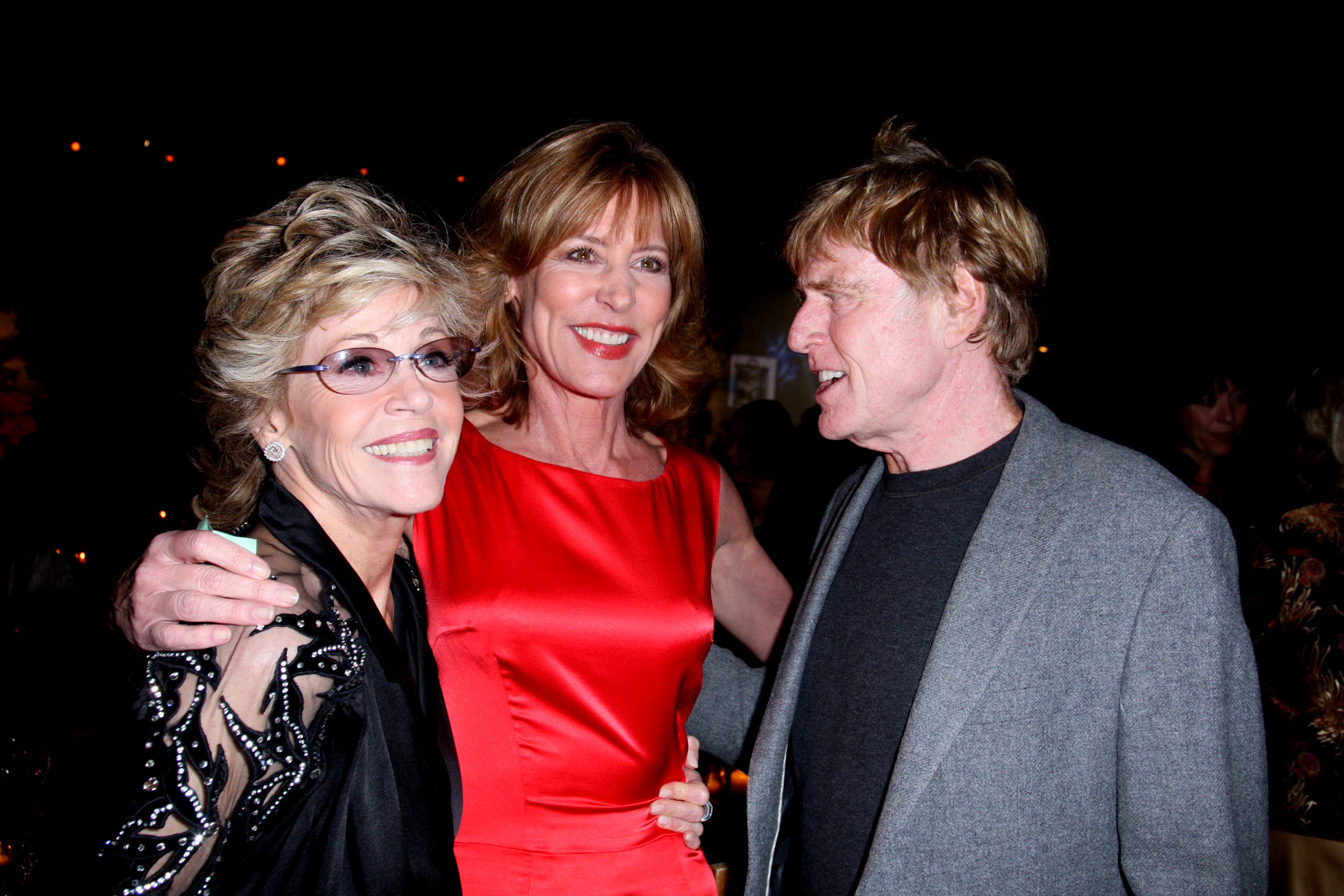 Jane Fonda and Robert Redford are joined by Christine Lahti as they attend "Robert Redford Hosts 2008 Sundance Institute Celebration Fundraiser" at Roseland Ballroom in New York City. The two women smile warmly as Redford engages them in conversation.