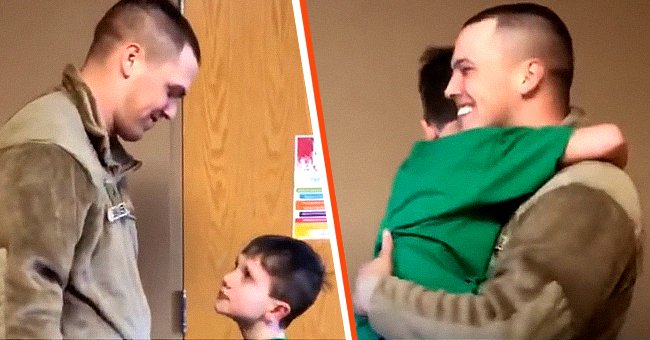 Army Private Second Class Brett Beaver hugs his little brother Max in school. | Source:  youtube.com/mlive