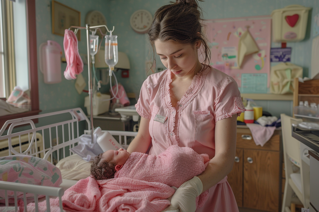 A nurse holding a baby in a hospital room | Source: Midjourney