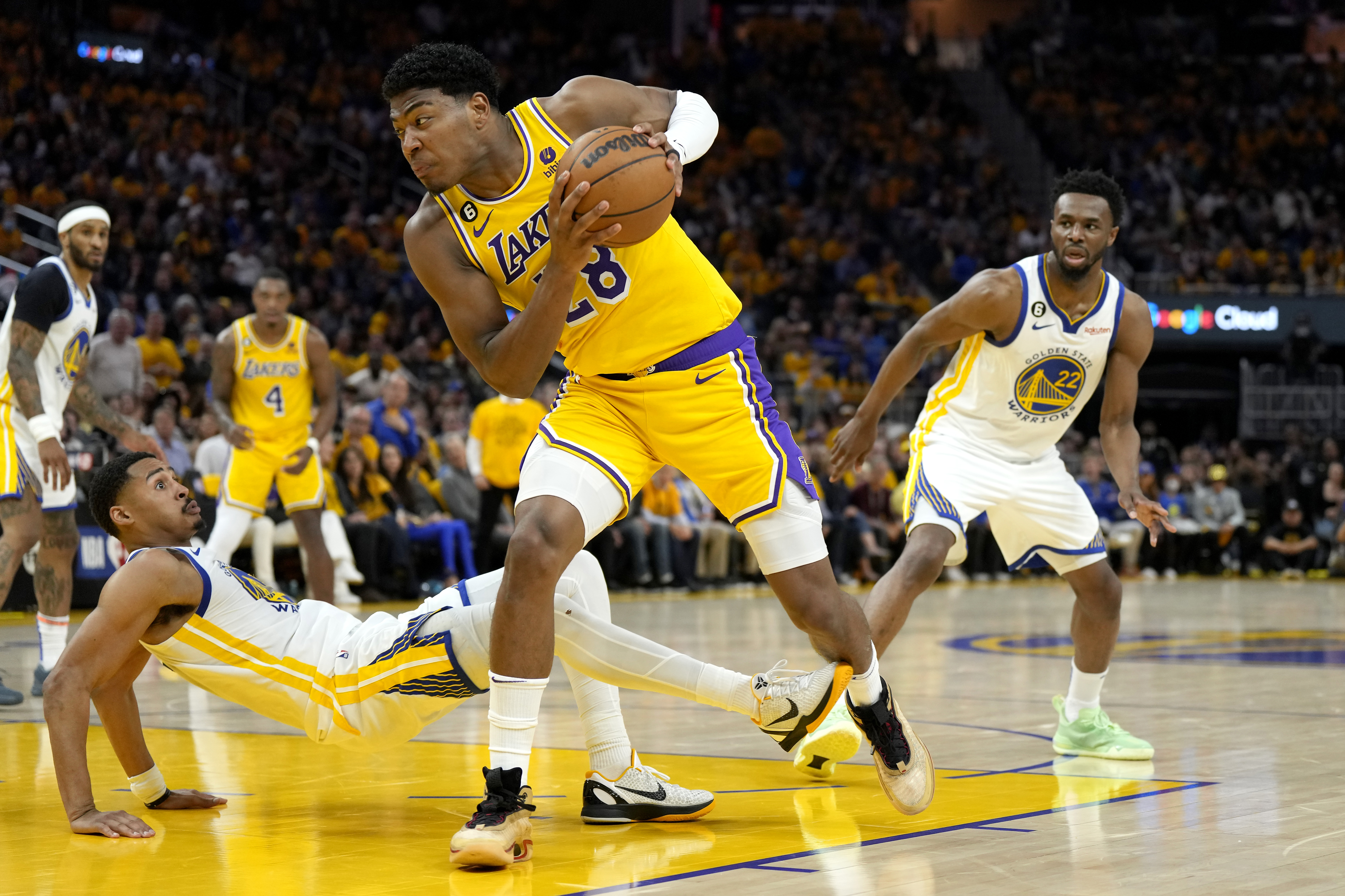 Rui Hachimura #28 of the Los Angeles Lakers drives to the basket against Jordan Poole #3 of the Golden State Warriors at Chase Center, on May 10, 2023, in San Francisco, California. | Source: Getty Images