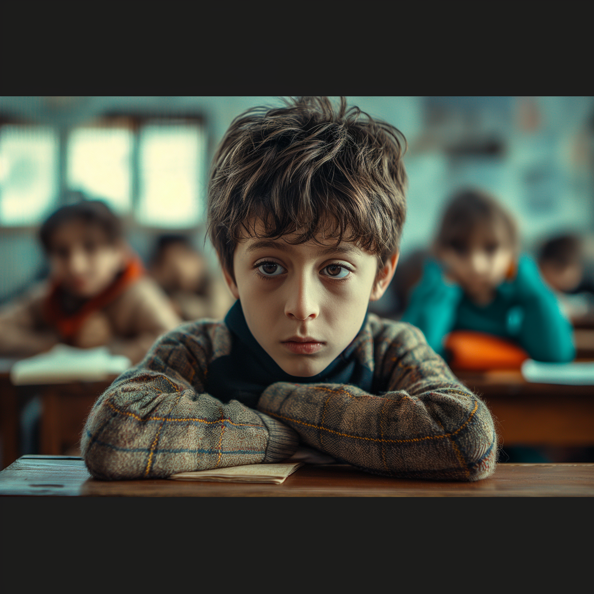 A sad boy in a classroom | Source: Midjourney