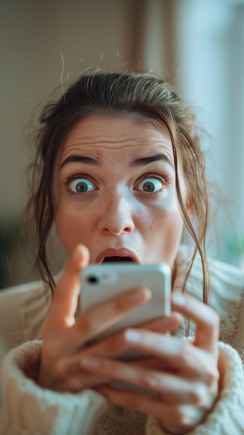 A shocked woman on a phone | Source: Midjourney