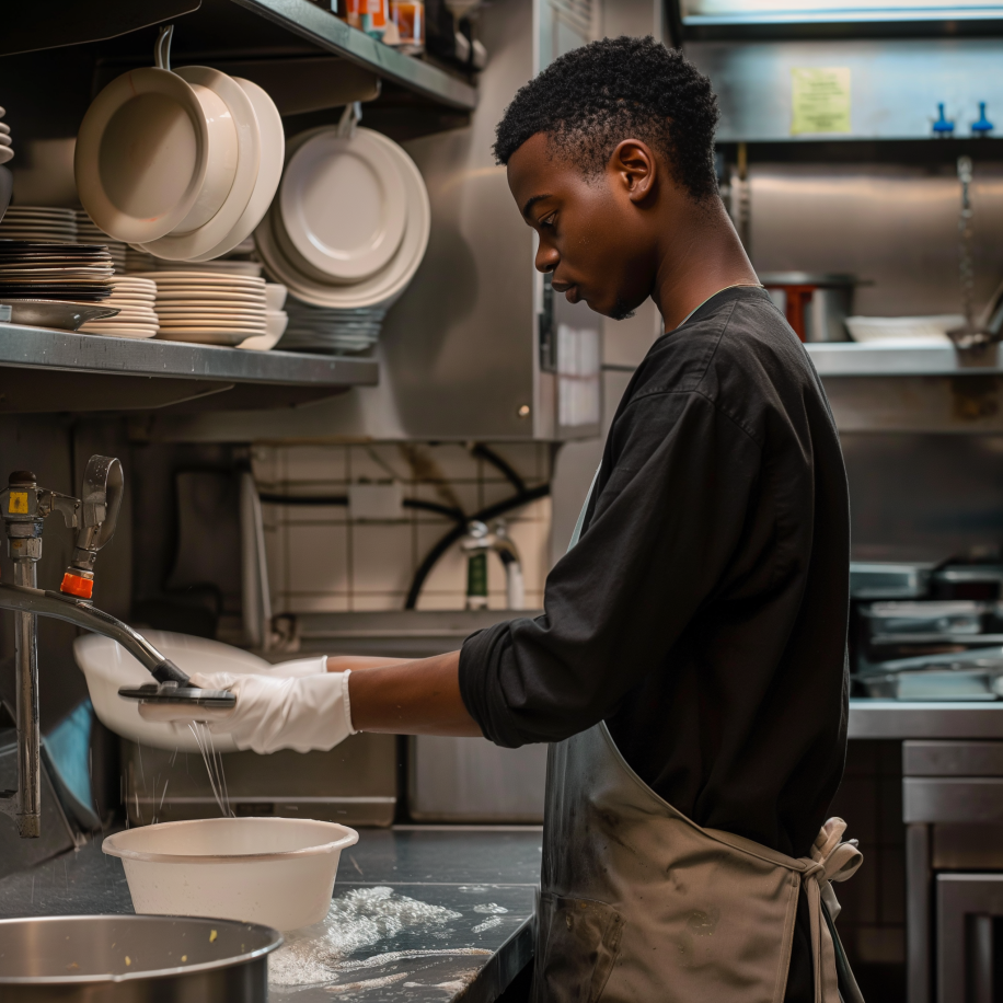 A teenage black boy is washing dishes in a restaurant | Source: Midjourney
