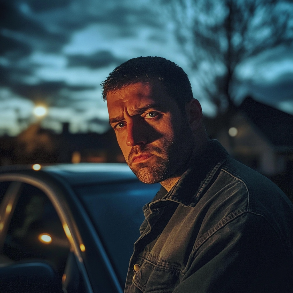 A frowning man standing outside a car | Source: Midjourney