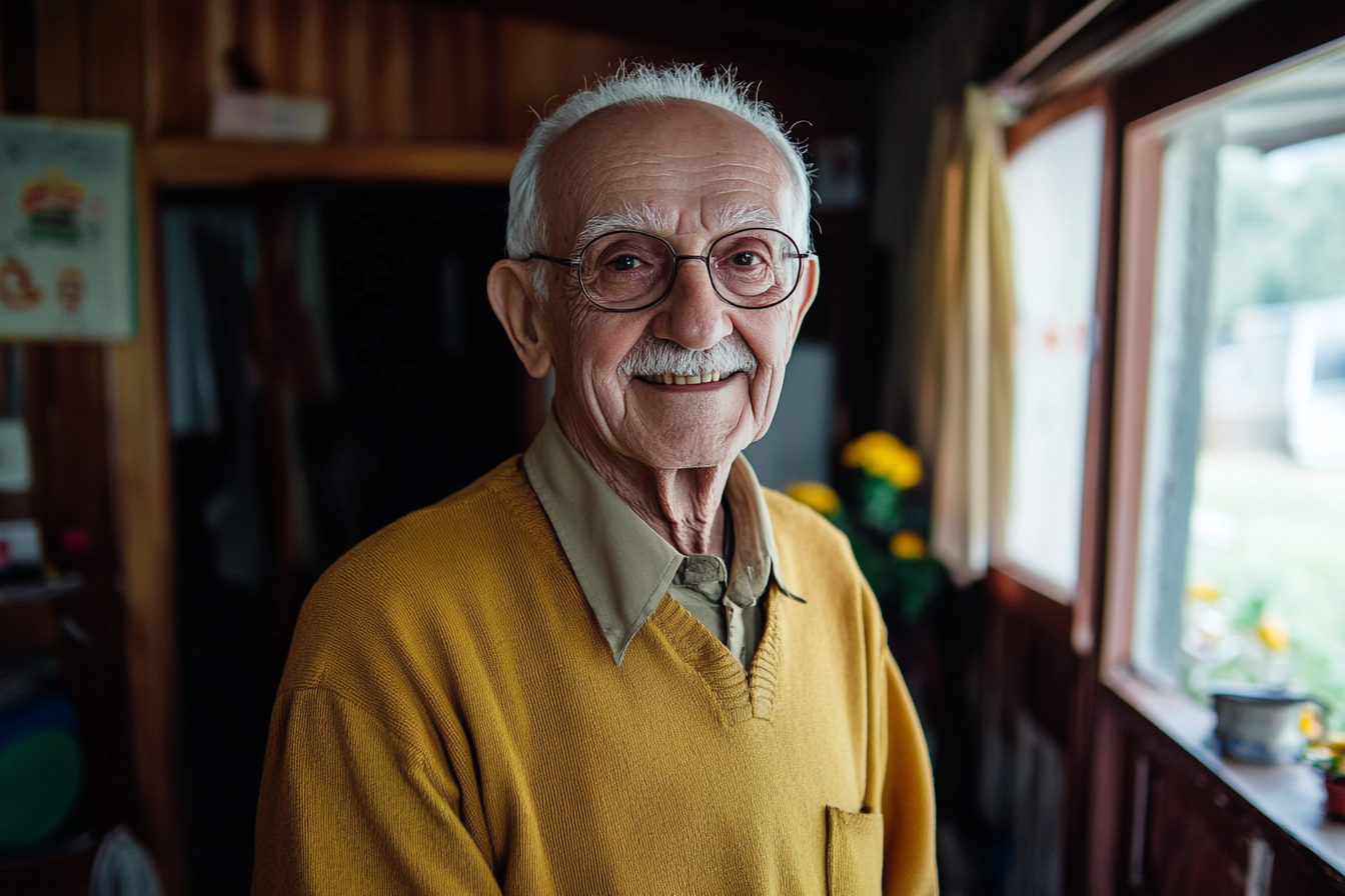 An older man in his house, smiling | Source: Midjourney