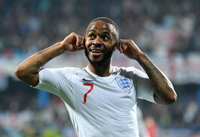 England soccer player, Raheem Sterling reacting to the monkey noises made towards him and his fellow Black team mates during the match between England and Bulgaria at Sofia Stadium. | Photo: Twitter/TheSportsmanBet