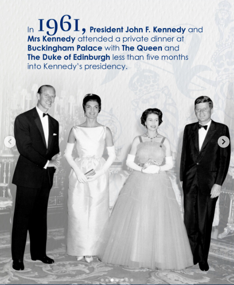 The late Duke of Edinburgh and Queen Elizabeth II hosting former President John F. Kennedy and former First Lady Jacqueline Kennedy. | Source: Instagram/theroyalfamily