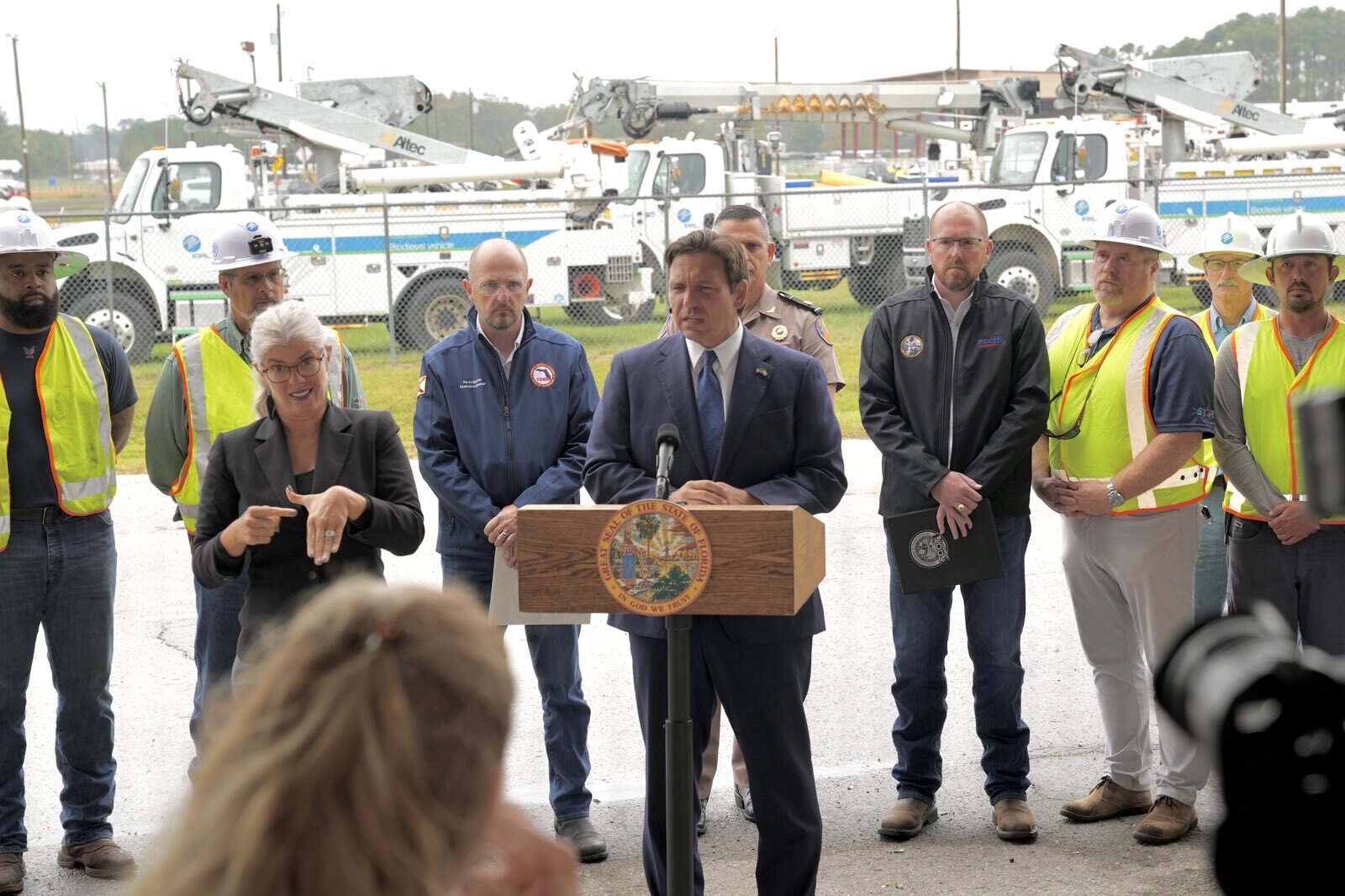 Florida Governor Ron DeSantis talks to the press in Lake City, Florida, ahead of Hurricane Milton on October 9, 2024 | Source: Getty Images