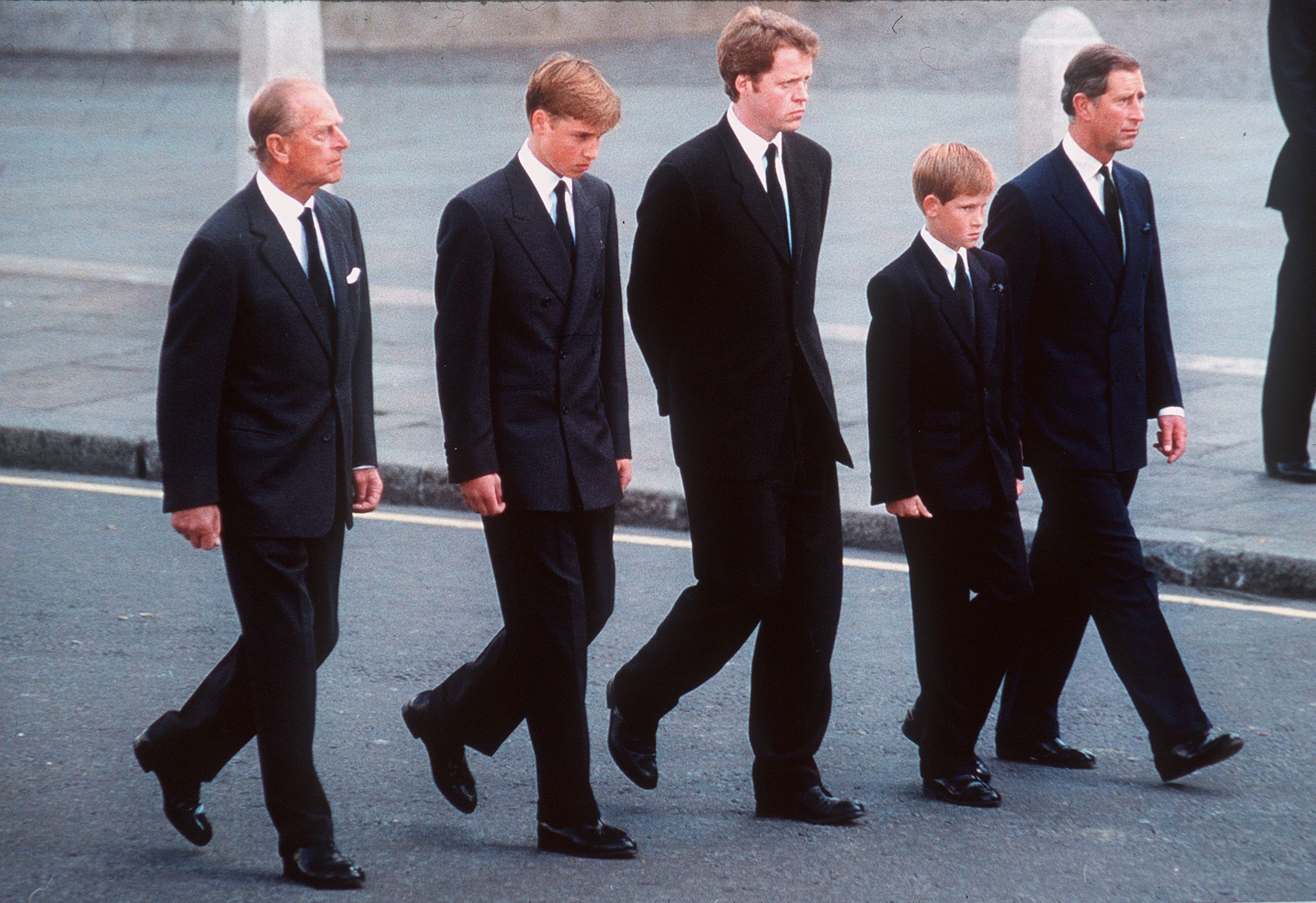 Late Prince Philip, Prince William, Earl Spencer, Prince Harry and Prince Charles, followed the coffin of late Princess Diana, in London, England on September 6, 1997 | Photo: Getty Images