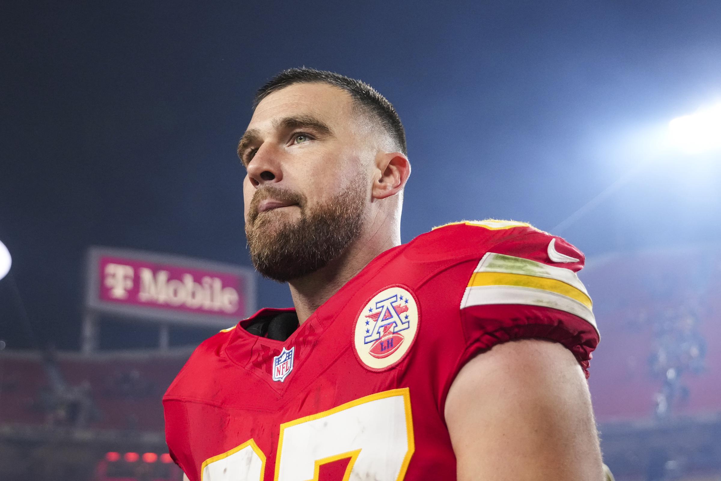 Travis Kelce looks on during the game between the Kansas City Chiefs and Washington Commanders in Kansas City, Missouri on October 27, 2025. | Source: Getty Images
