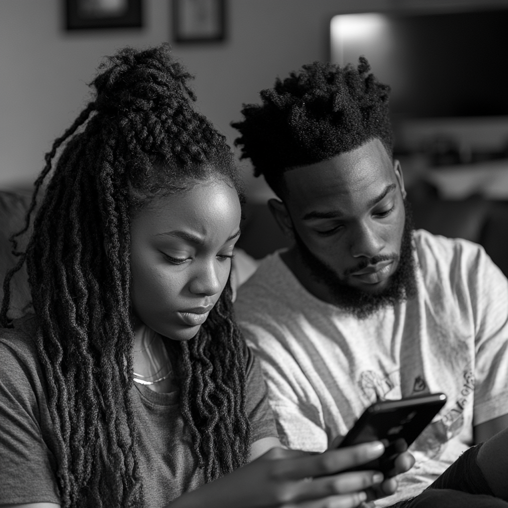 The new homeowners on their phone | Source: Midjourney