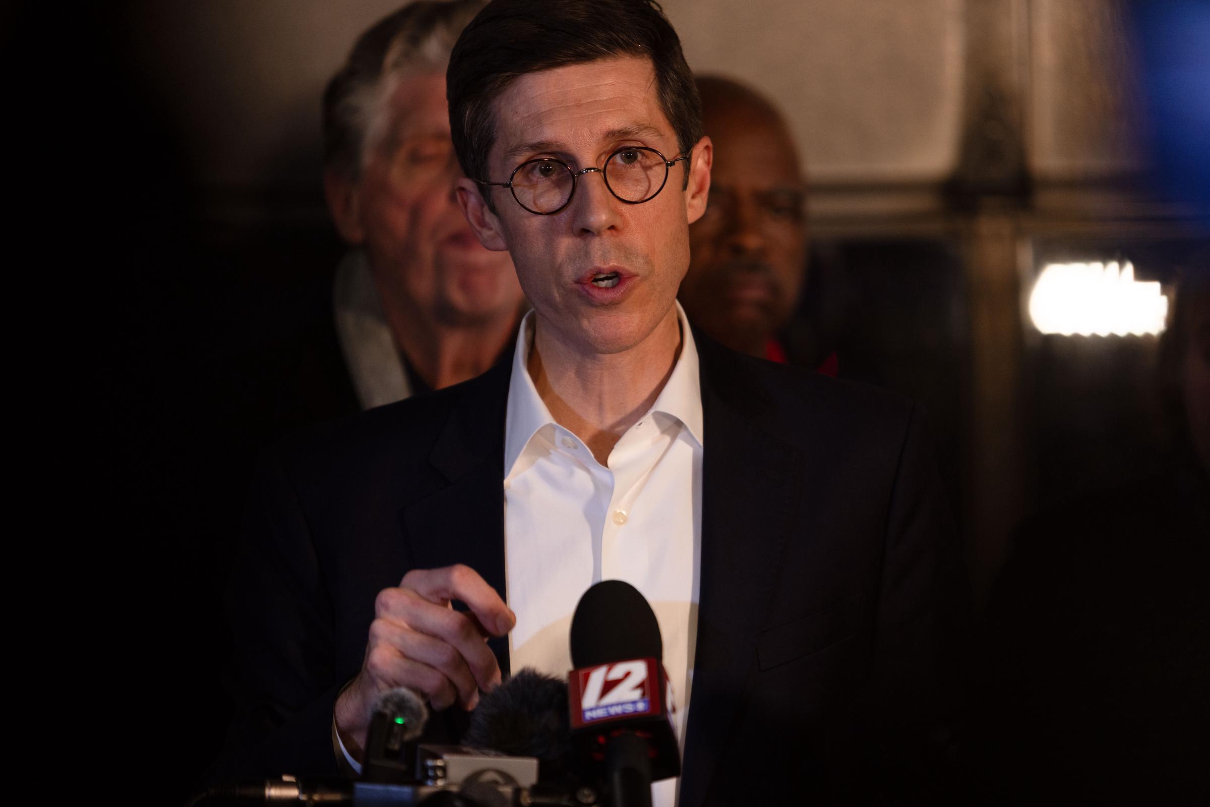 Providence Mayor Brett Smiley speaks during a press conference after a shooting on the campus of Brown University on December 13, 2025, in Providence, Rhode Island | Source: Getty Images