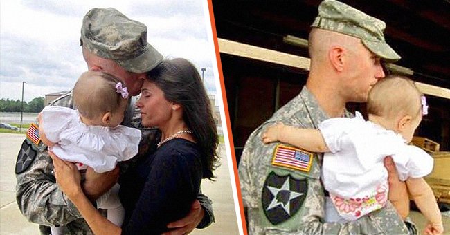 Lieutenant Todd Weaver hugging his wife, Emma Louise Elizabeth Wright and daughter, Kylie [left]; Lieutenant Todd Weaver kissing his daughter, Kylie, on the forehead [right]. │Source: facebook.com/emmalouliz