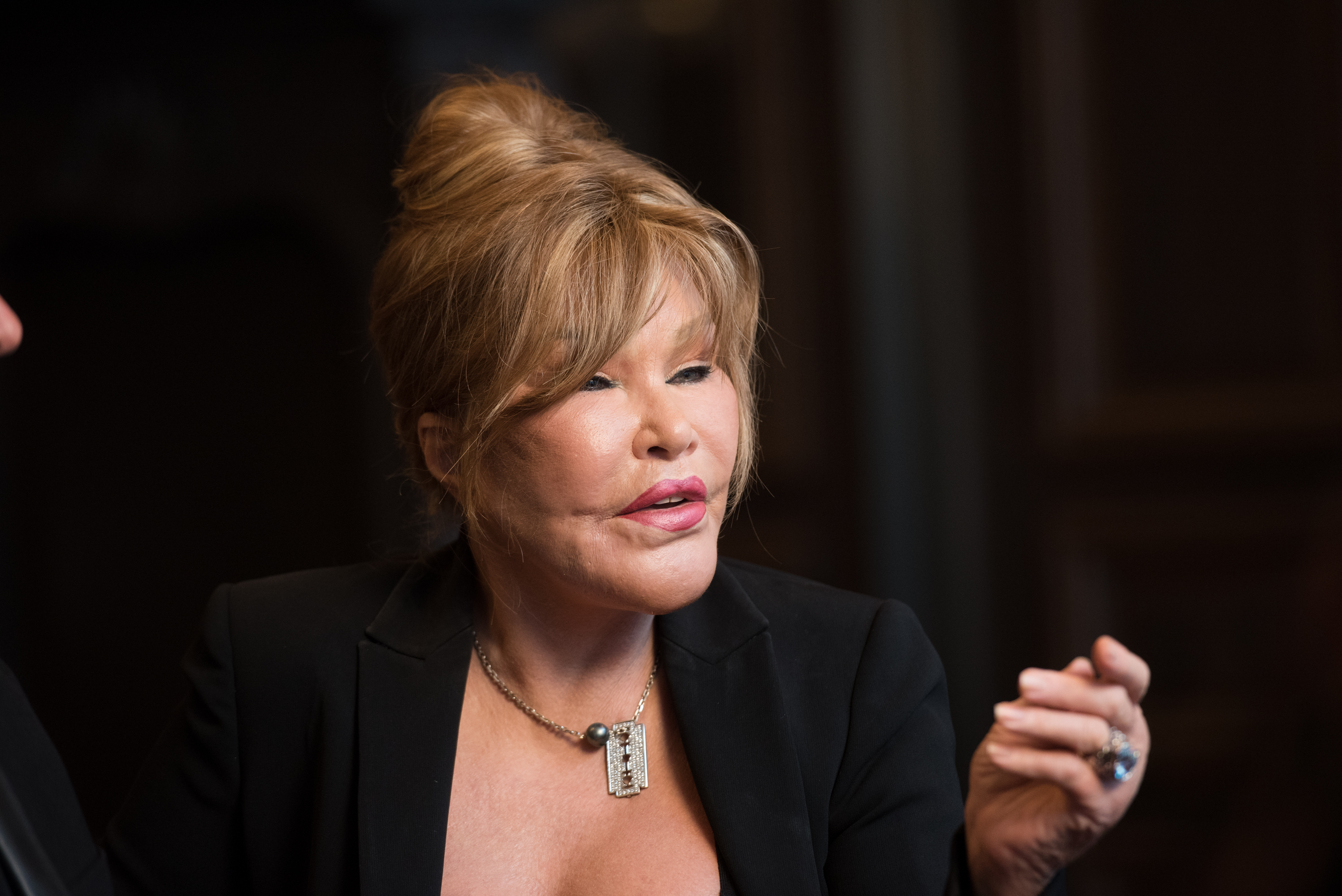 Jocelyne Wildenstein was captured with visible lines around her mouth and a bigger-looking chin, while discussing her engagement to Lloyd Klein at the Baccarat Hotel on August 5, 2017, in New York City, New York.