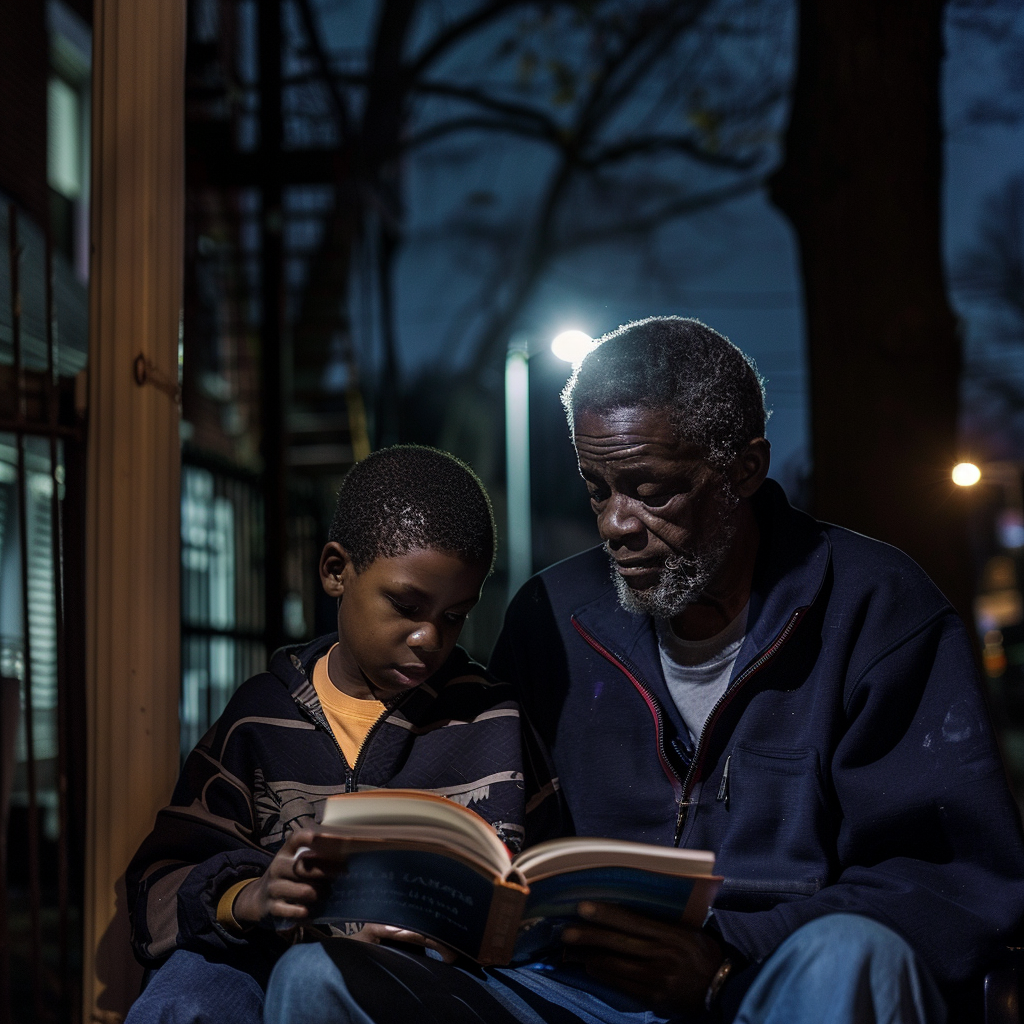 A black man on the street teaches a homeless black boy to read a book | Source: Midjourney