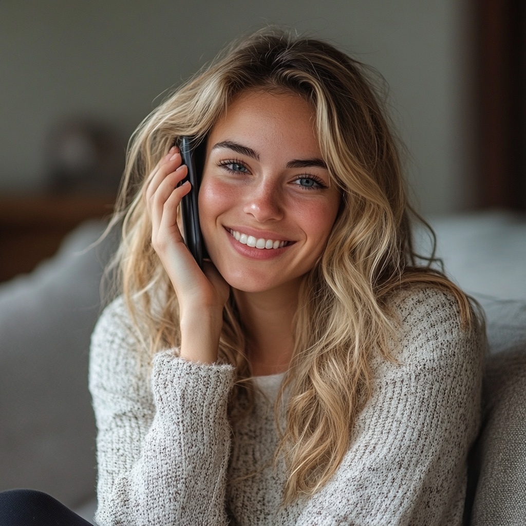 A woman smiles while talking on the phone | Source: Midjourney