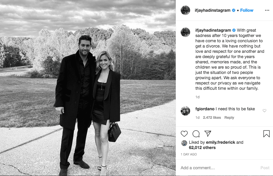 Former quarterback Jan Cutler, pictured with his former wife Kristin Cavalleri, takes to Instagram to announce their divorce. I Image: Instagram/ ifjayhdinstagram