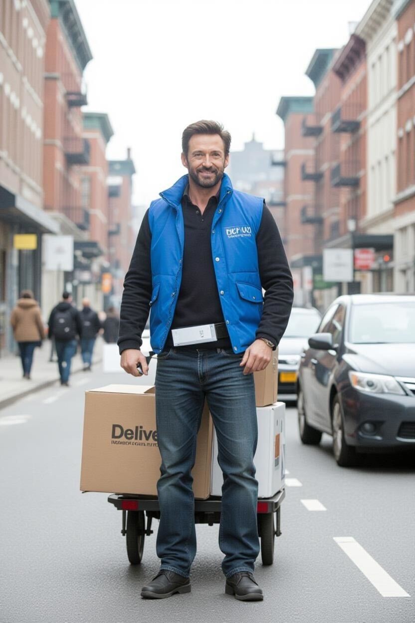An AI-generated image of Hugh Jackman as a delivery courier | Source: Grok