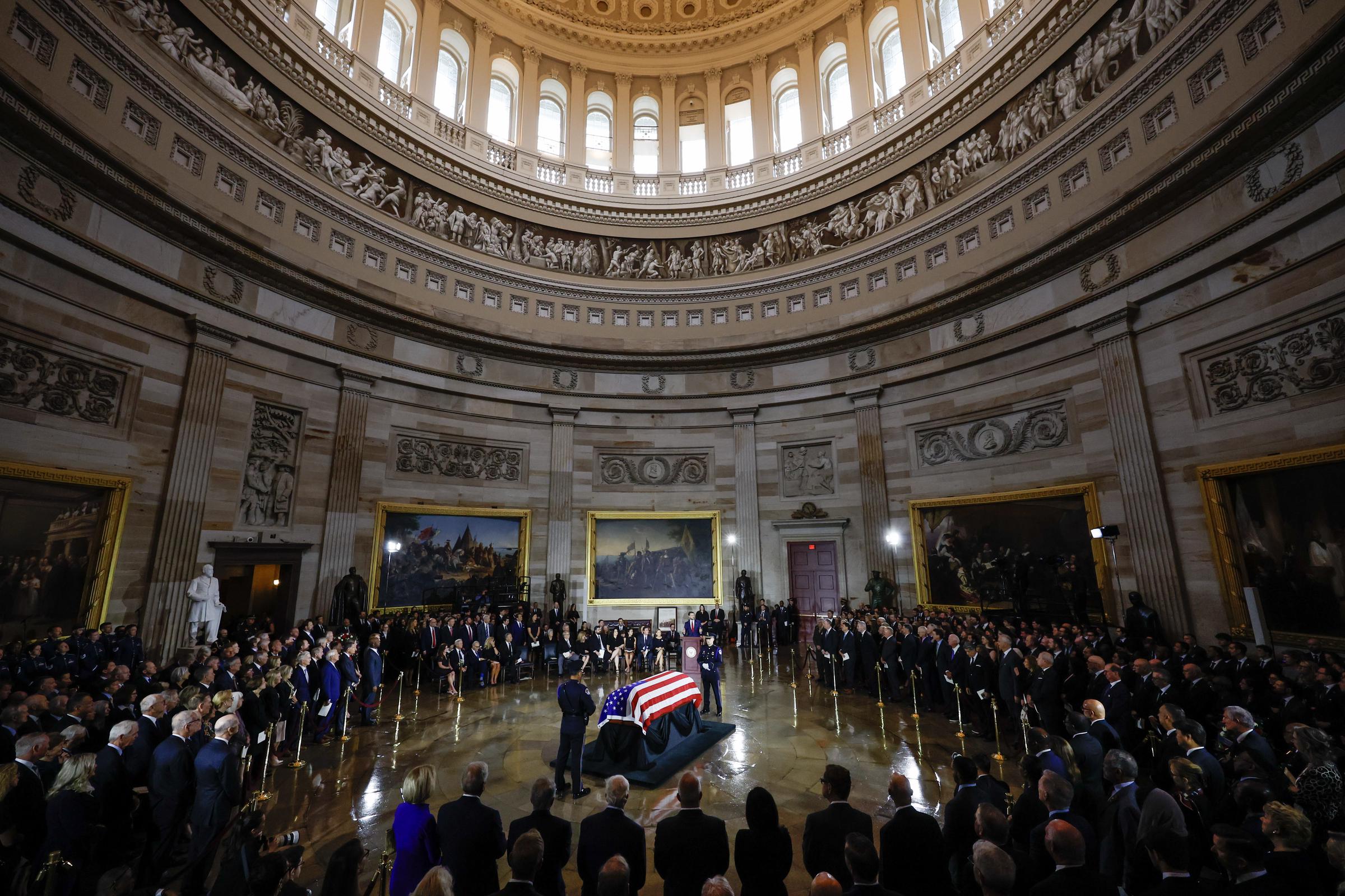 JD Vance's gestures near the casket sparked significant commentary from online observers. In this photo, the casket of the late Lindsey Graham lay in state during a memorial tribute in the Rotunda of the U.S. Capitol on July 28, 2026, in Washington, D.C. | Source: Getty Images