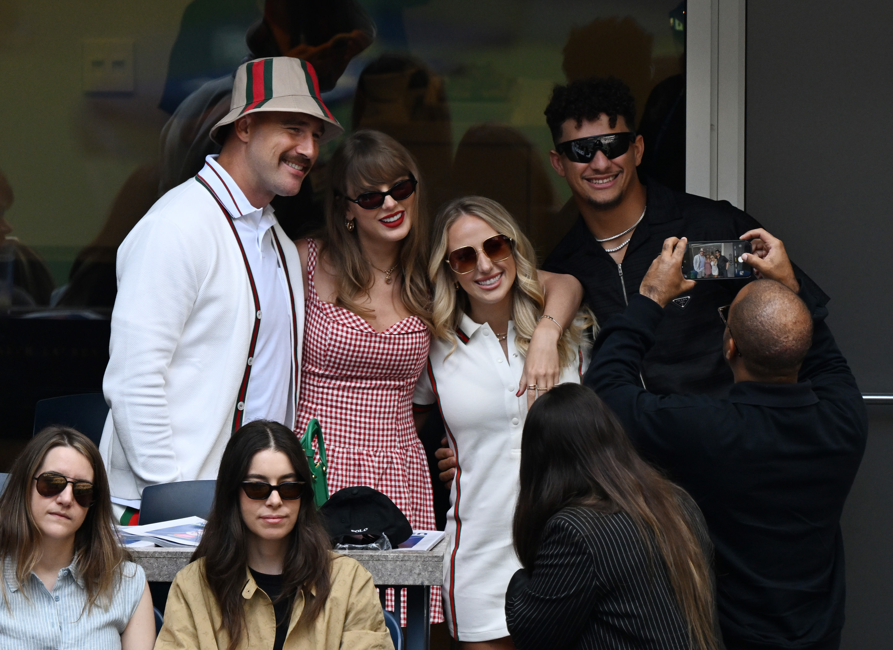 Travis Kelce and Taylor Swift with Brittany and Patrick Mahomes. | Source: Getty Images