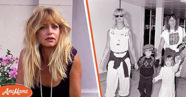 [Left] Portrait of American actress Goldie Hawn taken at the Deauville American Film Festival in September 1990; [Right] Goldie Hawn with son Oliver and daughter Kate, at London Heathrow Airport, 1st September 1982. | Source: Getty Images