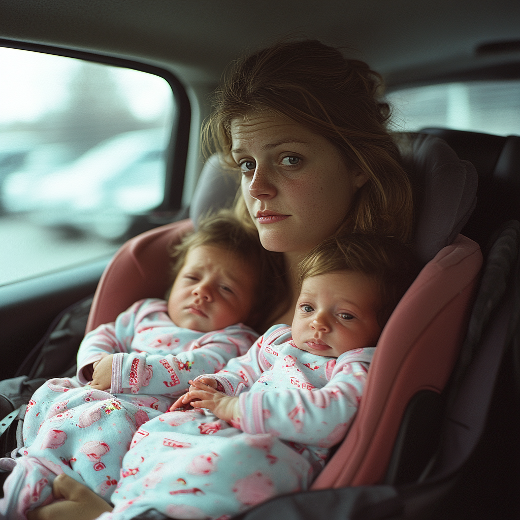 A woman in a cab with her children | Source: Midjourney