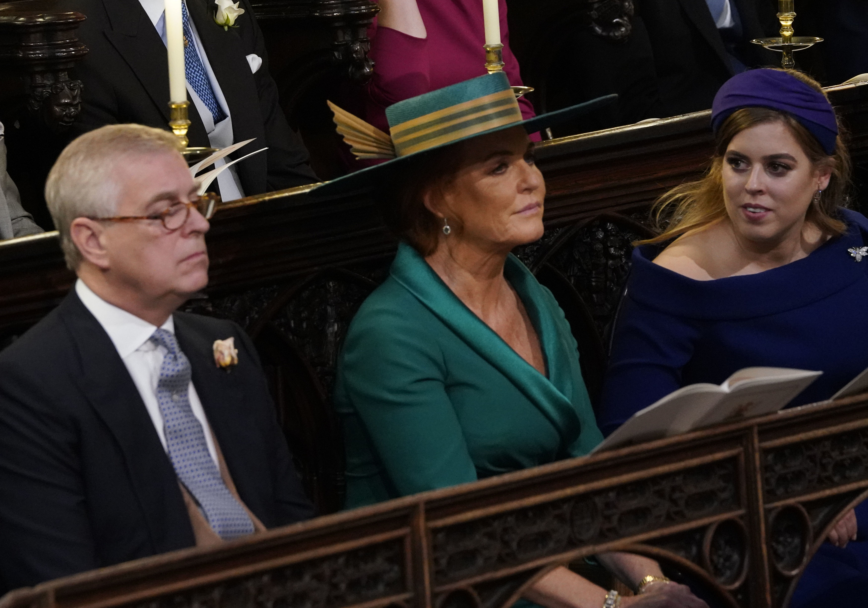 Andrew Mountbatten-Windsor, Sarah Ferguson, and Princess Beatrice of York at the wedding of Princess Eugenie of York and Mr. Jack Brooksbank at St. George's Chapel on October 12, 2018, in Windsor, England. | Source: Getty Images