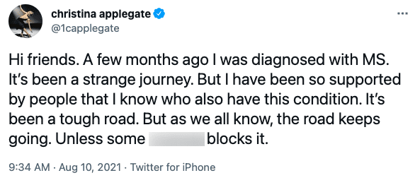 Christina Applegate's announcement on Twitter, August 2021 | Source:Twitter/1capplegate