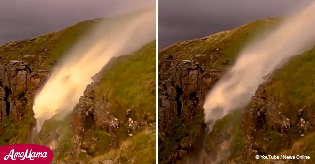 Magnificent video of waterfall with its flow reversed due to strong winds