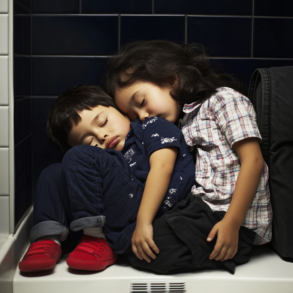 Two kids sleeping on the bathroom floor | Source: Midjourney