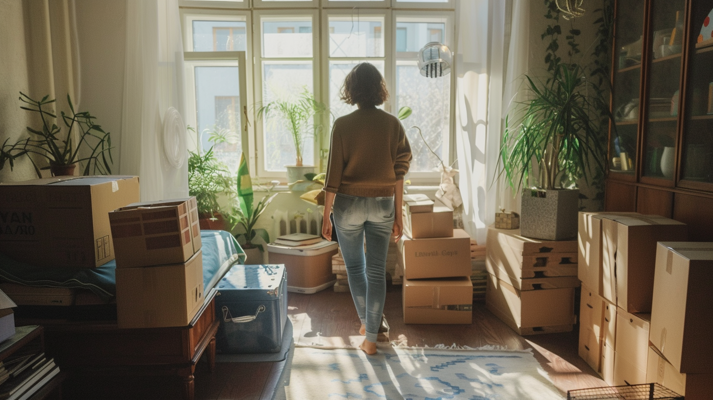 A woman surrounded by boxes | Source: Midjourney