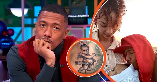 Left: Show host Nick Cannon  Photo youtube.com/NickCannonShow  Right: Nick Cannon, Alyssa Scott and their son Zen. Inset: : Cannon's tattoo of Zen: Photo: Instagram.com/nickcannon