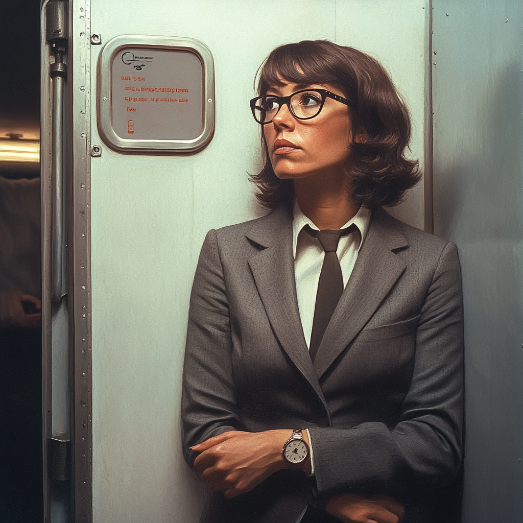 Woman impatiently waiting for her turn at the plane's restroom | Source: Midjourney