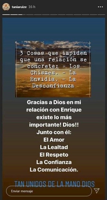 Mensaje de Tania Ruiz para desmentir los rumores de ruptura entre ella y Enrique Peña Nieto. | Foto: Historias de Instagram/taniaruize Mensaje de Tania Ruiz para desmentir los rumores de ruptura entre ella y Enrique Peña Nieto. | Foto: Historias de Instagram/taniaruize