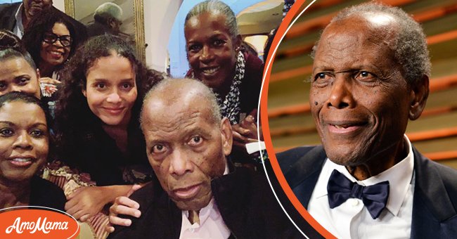 Left: The actor poses with his family. Photo: Instagram/Anika Poitier. Right: Actor Sidney Portier attends the 2014 Vanity Fair Oscar Party hosted by Graydon Carter on March 2, 2014 in West Hollywood, California. Photo: Getty Images