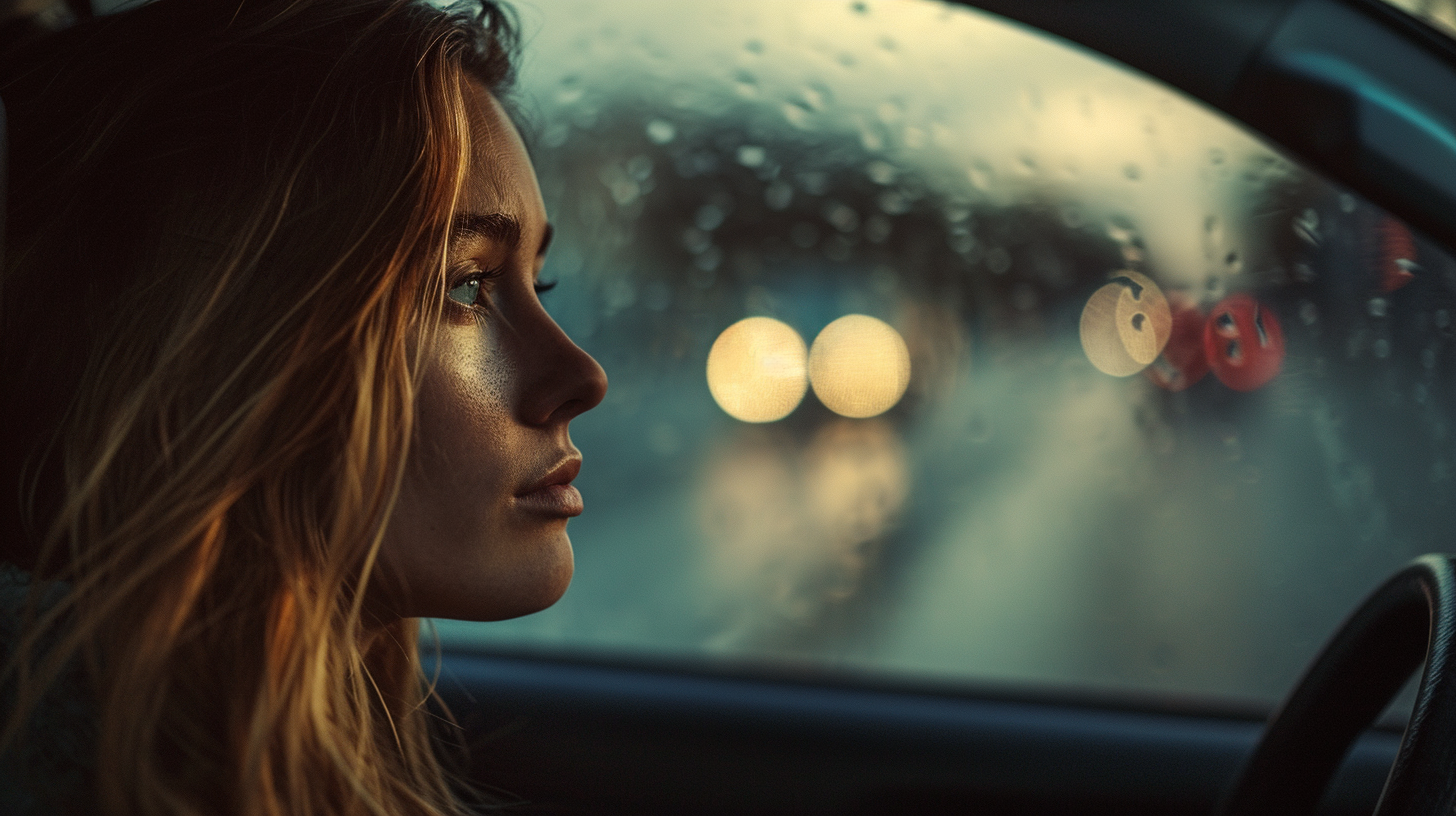 A closeup shot of a sad woman driving a car | Source: Midjourney