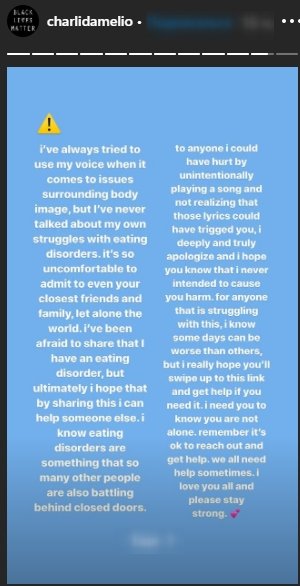 Charli D'Amelio post about her eating disorder on her Instagram story | Photo: Instagram / charlidamelio