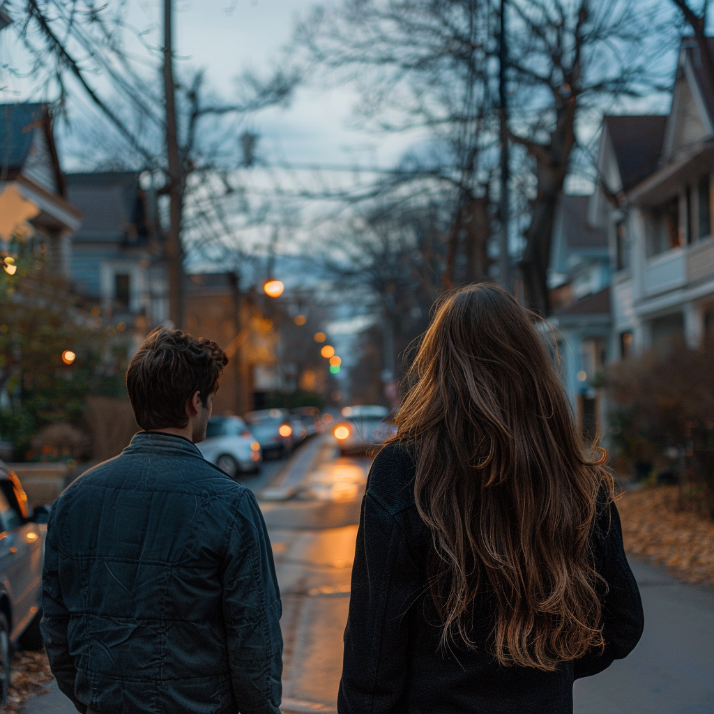 Lisa and Jake talking while walkind down a street | Source: Midjourney