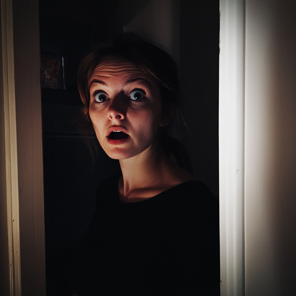 A shocked woman standing in a doorway | Source: Midjourney