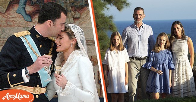 (L) Newlyweds Crown Prince Felipe and Letizia Ortiz during the wedding banquet at the Royal Palace. (R) King Felipe VI of Spain with wife Queen Letizia of Spain and their children, Princess Leonor of Spain (R) and Princess Sofia of Spain (L) posing during the summer session at the Almudaina Palace on July 29, 2018 in Palma de Mallorca, Spain. / Source: Getty Images