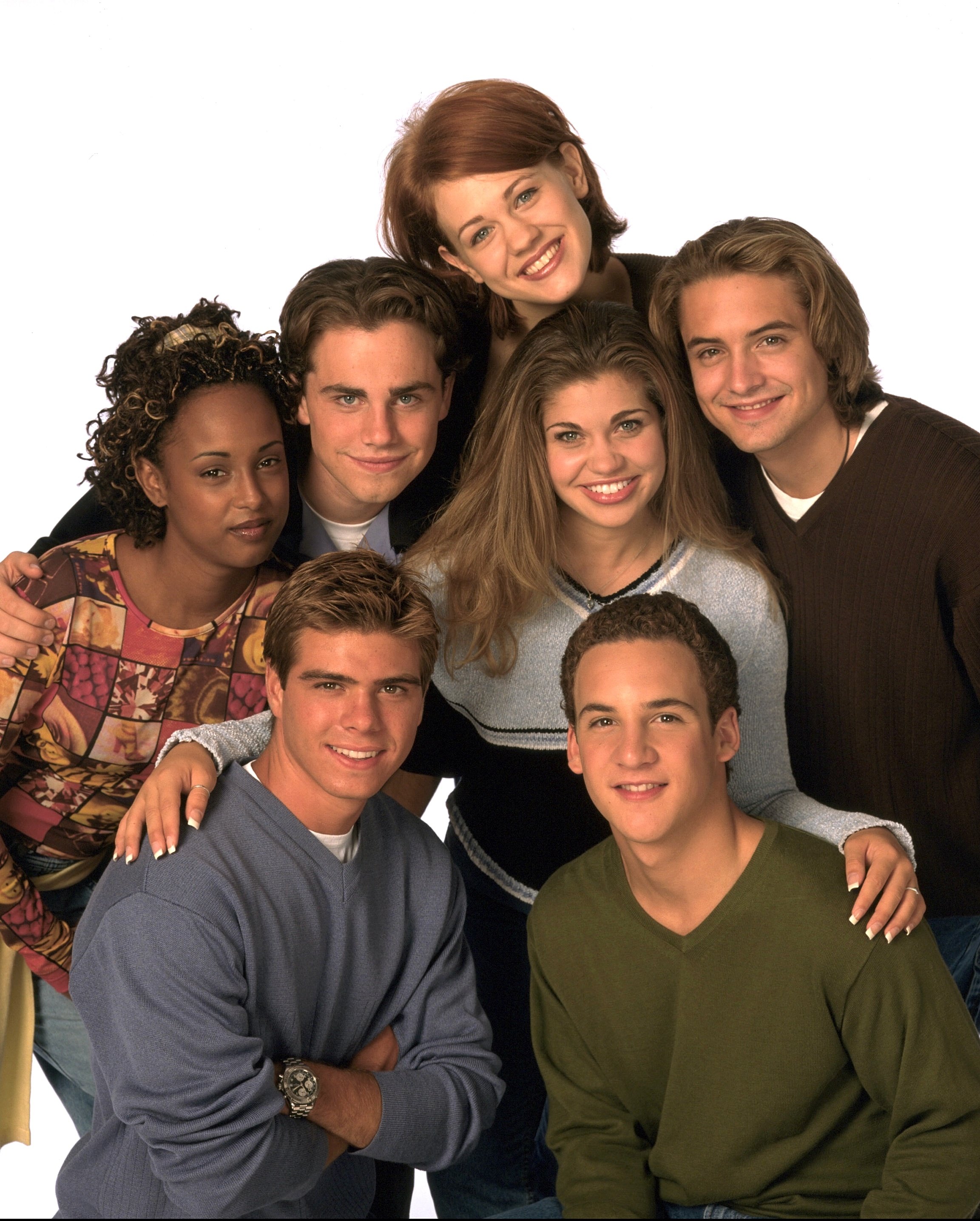Matthew Lawrence, Ben Savage; (rear, l-r) Trina McGee-Davis, Rider Strong, Maitland Ward, Danielle Fishel and Will Friedle for "Boy Meets World" circa 1998. | Source: Getty Images