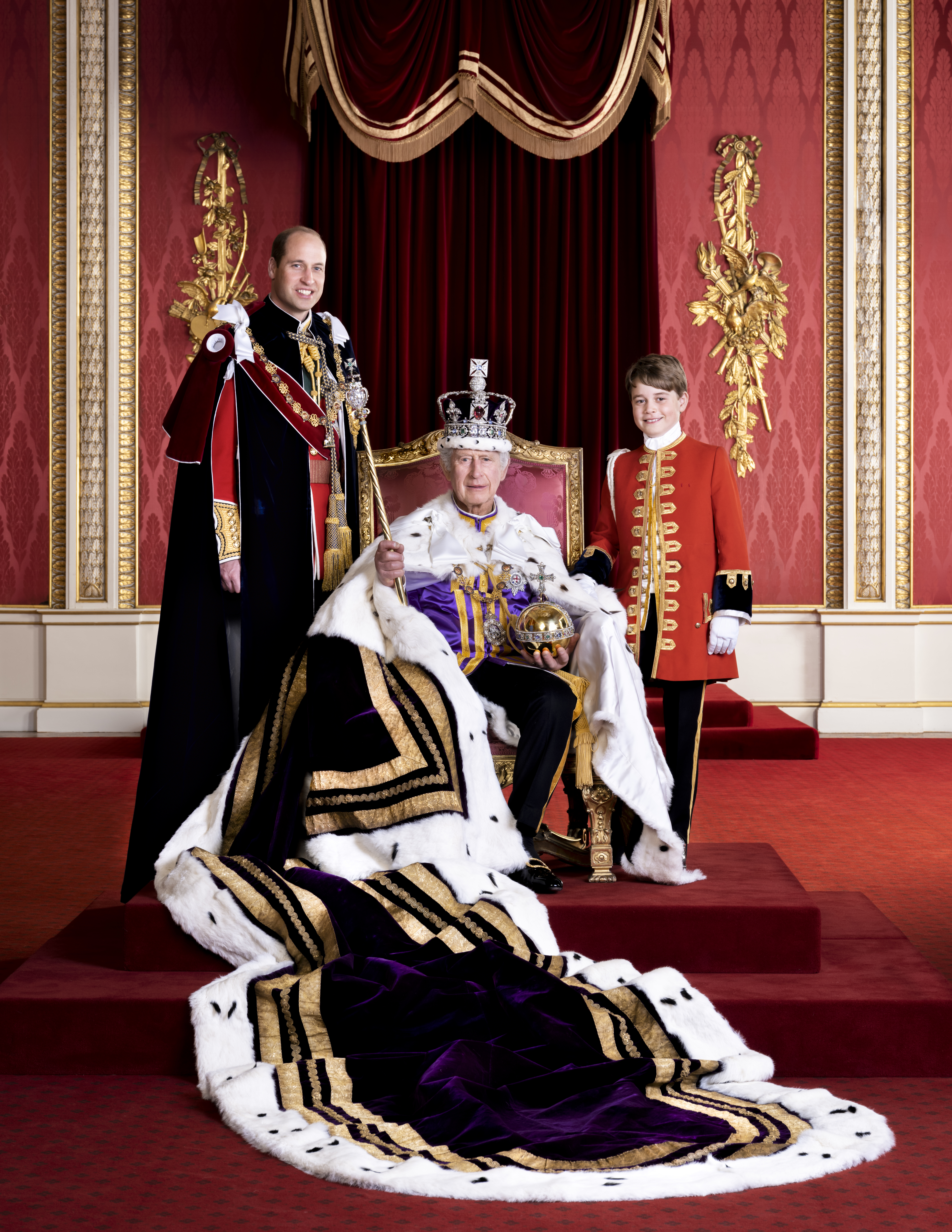 King Charles III, Prince William, and Prince George at the King's coronation on May 6, 2023 in the Throne room at Buckingham Palace | Source: Getty Images