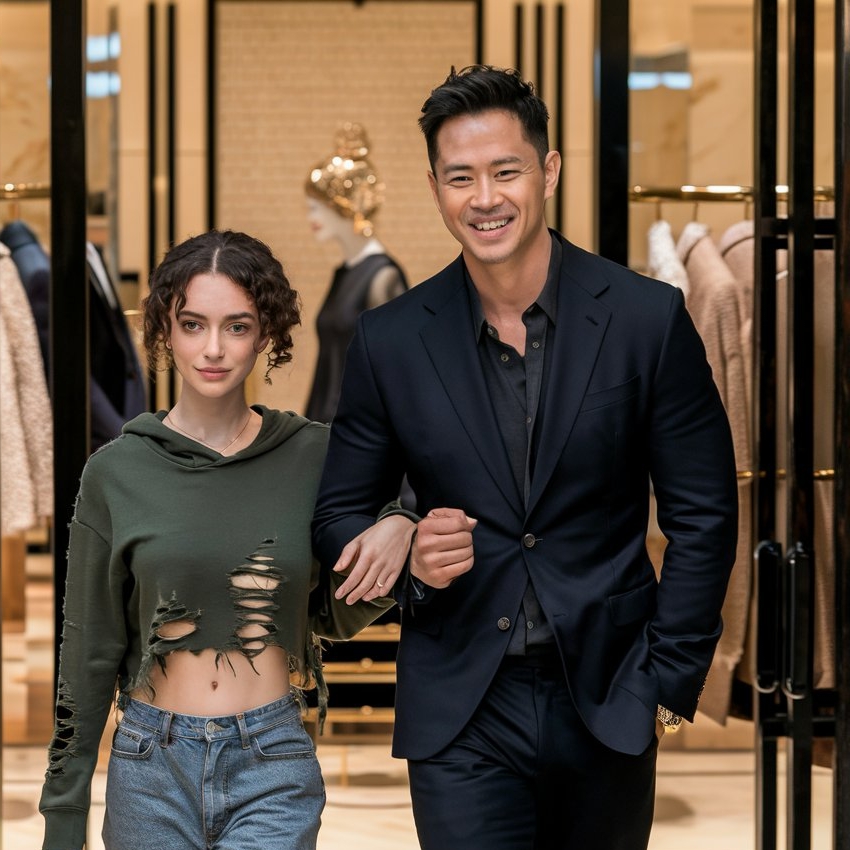 A woman and man walking out of a store | Source: Midjourney