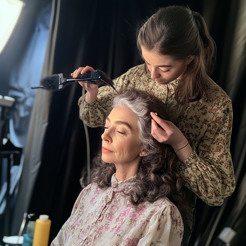 A makeup artist styling a woman's hair | Source: Midjourney