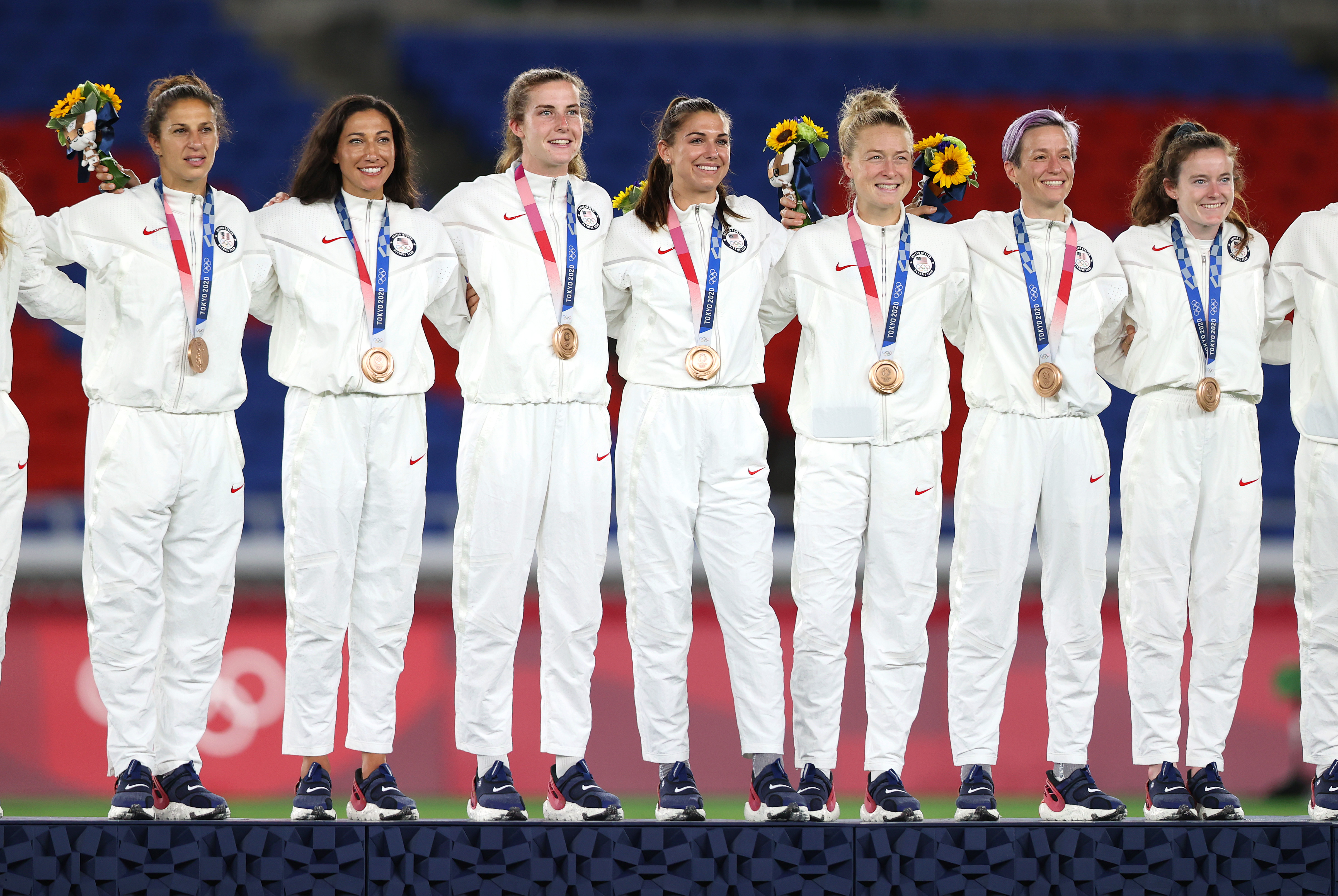 Team USA pose with their bronze medals during the Women's Football Competition Medal Ceremony at the Tokyo 2020 Olympic Games in Yokohama, Japan, on August 6, 2021. | Source: Getty Images