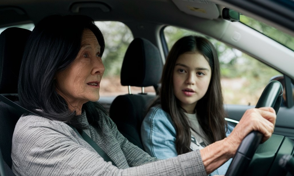 A woman drives, talking to the girl seated beside her | Source: Midjourney