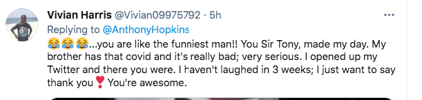 A fan comments of Anthony Hopkins dance clip on March 2, 2021 | Photo: Twitter/AnthonyHopkins