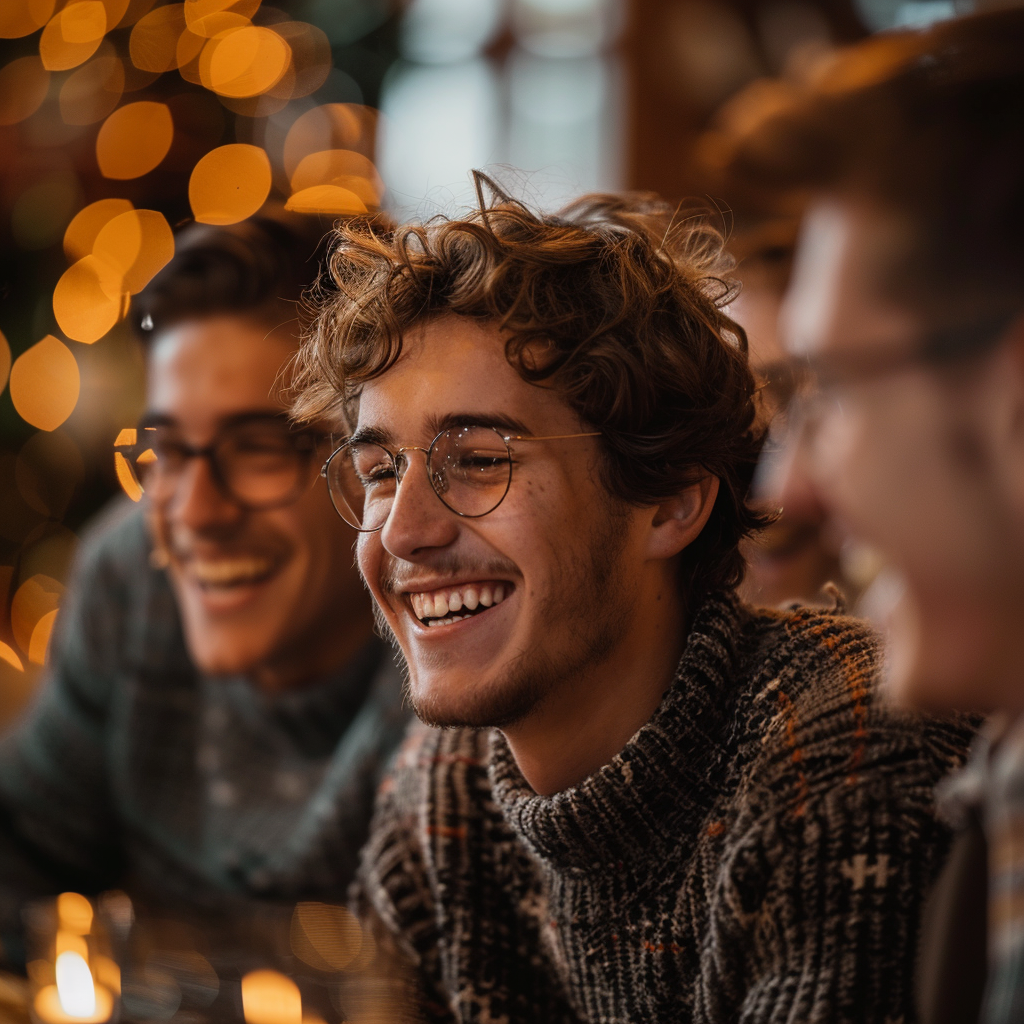 A closeup shot of young men laughing during a Christmas gathering | Source: Midjourney