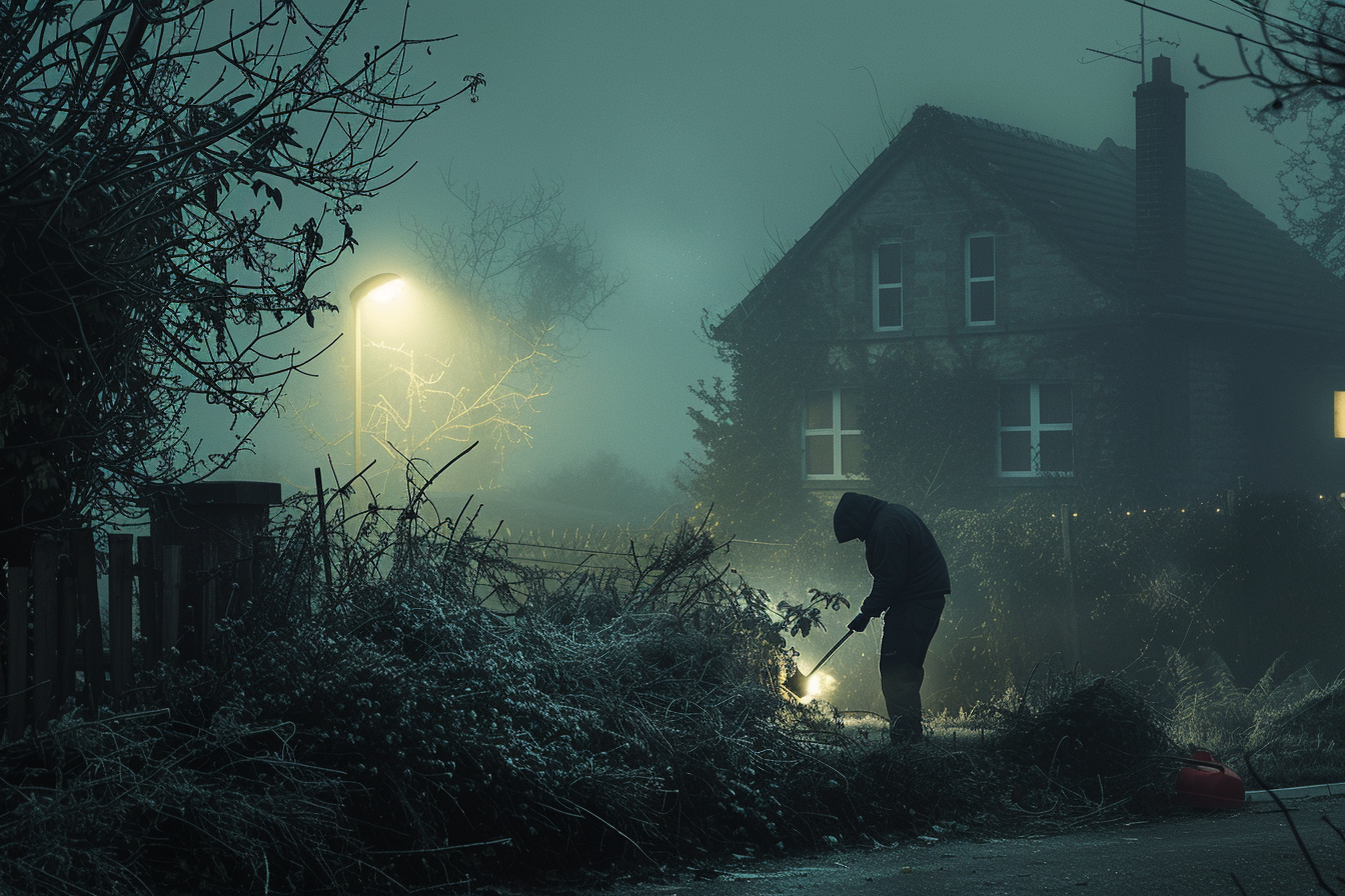 Twilight shot of a man cutting a hedgerow with pruning shears | Source: Midjourney