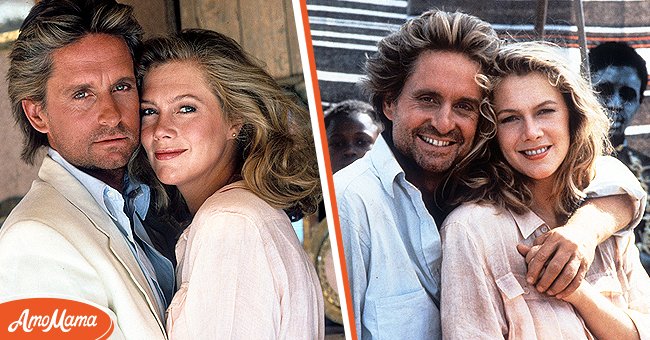 (L) Actor Michael Douglas as Jack T. Colton and actress Kathleen Turner as Joan Wilder on set of the film "The Jewel Of The Nile," in 1985. (R)  Michael Douglas and Kathleen Turner on "The Jewel Of The Nile," in 1985. / Source: Getty Images